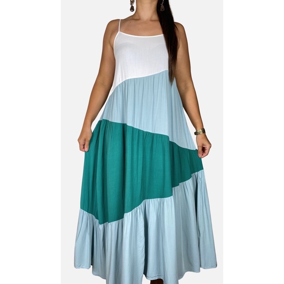 St Frock Dresses & Skirts - ST FROCK White Green Colourblock Pintuck Rayon Maxi Dress w Pockets Size 12-14